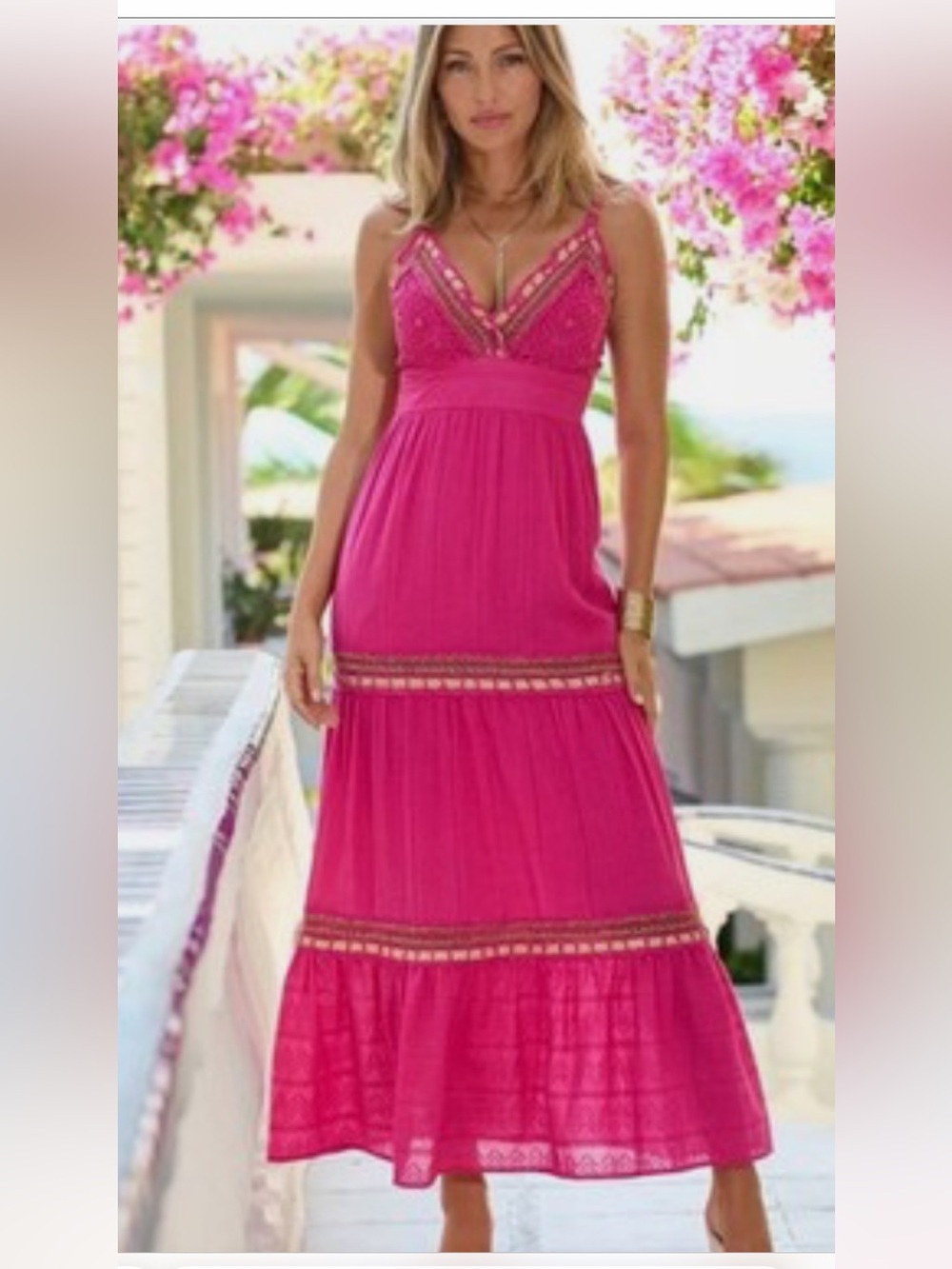 NWT Boston Proper Crochet V-Neck Bodice Tiered Maxi Dress Metallic Inset Pink L